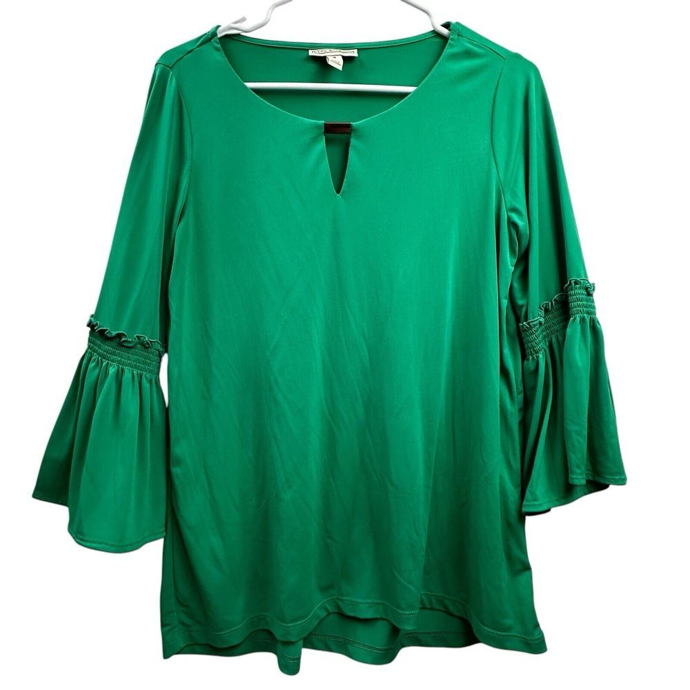 Dana‎ Buchman Kelly Green 3/4 Sleeve Button Career Casual Blouse Top Small S